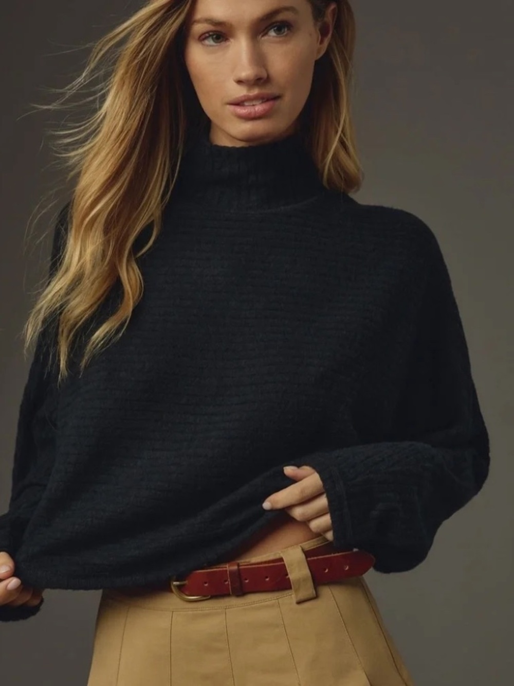 Anthropologie Pilcro Cozy Ribbed Turtleneck Batwing Pullover Top BLACK ONYX XXS